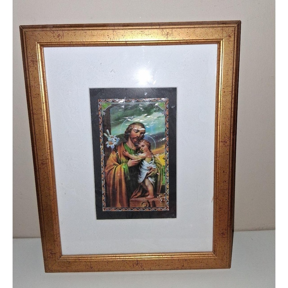 Vintage Framed Saint Joseph & Child Jesus Print Religious Catholic Wall Art